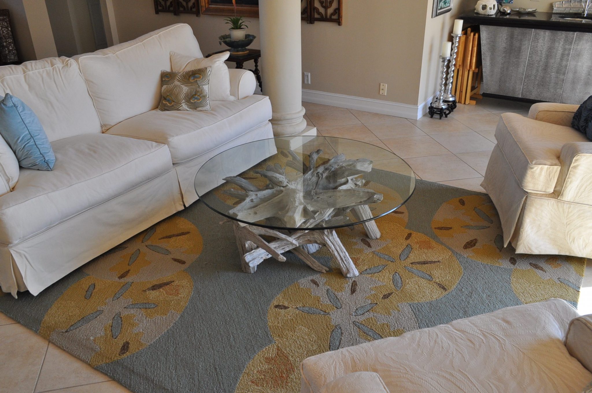 A round driftwood coffee table