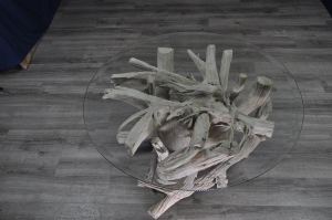 Driftwood round glass coffee table