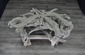 Driftwood amoeba shaped glass coffee table