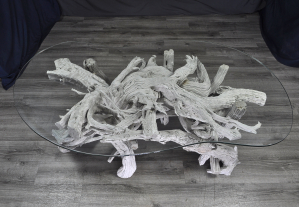 Driftwood bleached white peanut shaped glass coffee table